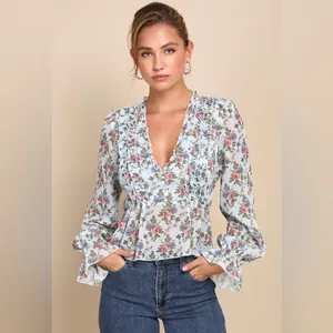 NWT Lulus Undeniably Darling Light Blue Floral Chiffon Balloon Sleeve Top XS thumbnail 10