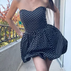 ✨ NWT Vintage-Inspired Black & White Polka Dot Bubble Hem Strapless Mini Dress ✨ thumbnail 1