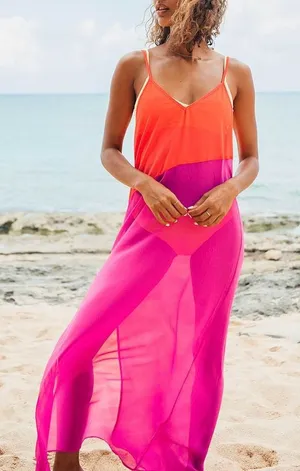 Lulus Seaside Retreat Color Blocking Side Slit Sheer Maxi Beach Cover Size Small thumbnail 1