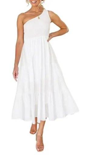 ZESICA One Shoulder Smocked Boho White Midi Dress - Size 2XL - Tiered Hem thumbnail 1