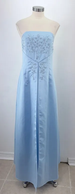 Masquerade Light Blue Satin Embroidered Strapless Floor-Length Prom Gown L thumbnail 1