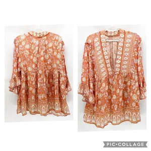 C&C California Boho Printed Ruffle Blouse Tunic Top deep v neck thumbnail 2