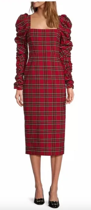 Antonio Melani Elena Plaid Square Neck Midi Dress Long Ruched Sleeve US 10 NWT thumbnail 1