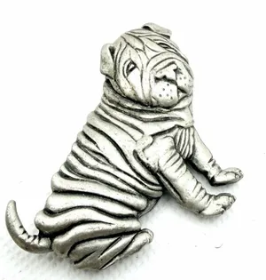Vintage JJ Jonette Shar Pei Dog Brooch Pewter Tone Signed ©1985 thumbnail 1