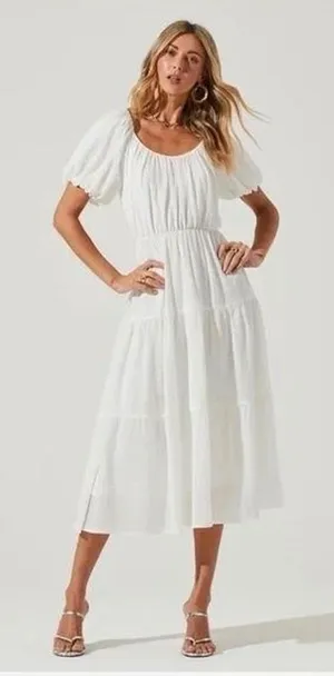 ASTR The‎ Label White Textured Puff Sleeve Tiered Midi Dress ADR100877 Womens XS thumbnail 1