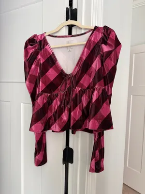 Maeve pink checkered babydoll Anthropologie‎ tie front peplum top thumbnail 2