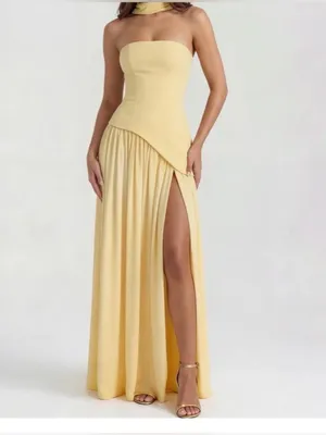 yellow strapless maxi dress with high side slit and dupatta neck scarf thumbnail 7