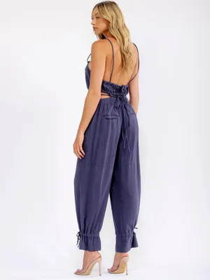 Women's Navy Blue Strappy Jumpsuit NWT Cotton Linen Open Back Jumpsuit M thumbnail 4