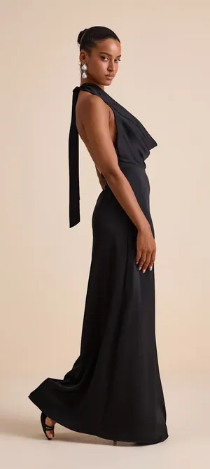 NWT Lulus Carmelo Black Satin Halter Neck Backless Maxi Dress Holiday Party Sz S thumbnail 1