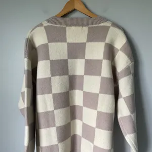 Bohme Boutique Knit Boho Sweater Crewneck Checkered Pattern Brown Cream Size Med thumbnail 6