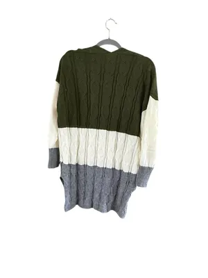 V-Neck Cable Knit Colorblock Sweater in Olive, Cream & Gray thumbnail 9
