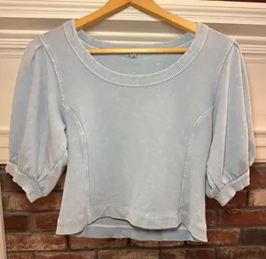 Aerie Women's Blue Acid Wash Puff Sleeve Ribbed Detail Cropped Sweatshirt thumbnail 2