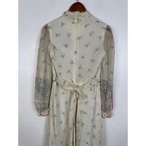 Vintage 70s Floral Prairie Maxi Dress Lace Trim Cottagecore Sheer Sleeve Cream thumbnail 6