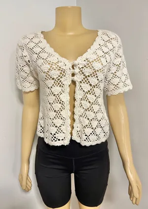 SWL Sport Ltd Womens Cream Crochet Open Knit Short Sleeve Cardigan Sweater Small thumbnail 1