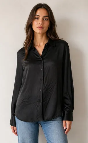 Zara Black Satin Button Down Shirt Size L thumbnail 1