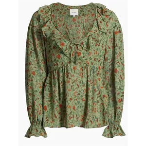 Reformation Wyn Floral Ruffled Top in green 4 thumbnail 2