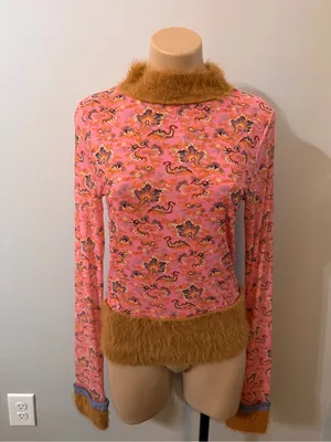 Free People Cosmo Cuff Fuzzy Furry Mesh Sheer Pink Combo Rose Long Sleeve Top XL thumbnail 2