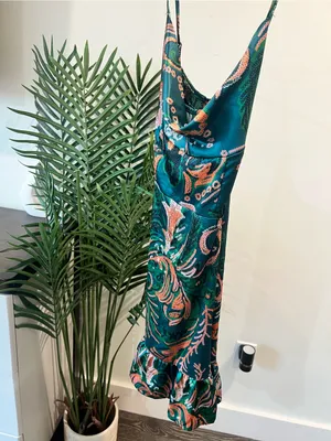 Green Paisley Slip Dress with Ruffle Hem thumbnail 2