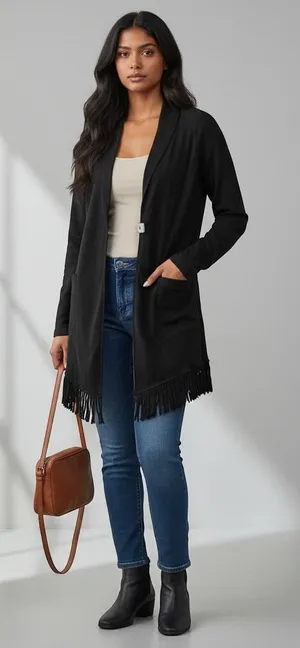 Barbara Lesser Black Fringe Cotton Knit Cardigan Minimalist Cozy Capsule Western thumbnail 1
