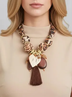 Leopard Print Chunky Brown Tassel Statement Necklace - Unbranded Boho Safari thumbnail 1