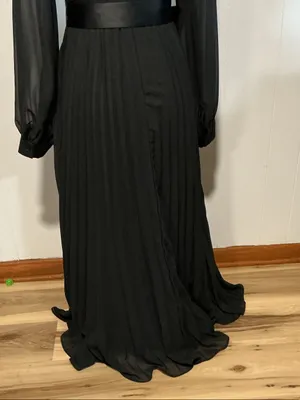 Chiffon Black Long-Sleeve Pleated Maxi Dress with Satin Waist Tie thumbnail 6