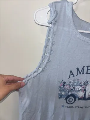 Maurices Light Blue 'America' Graphic Tank with Braided Shoulders thumbnail 3
