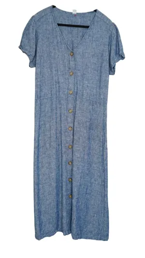 Old Navy Women's Blue Linen Blend Button Front V-Neck Short Sleeve Midi Dress thumbnail 1