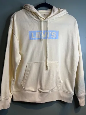 Levi’s Women’s S Y2K Cream Hoodie Sweatshirt Blue Logo Cotton Blend Pullover thumbnail 1