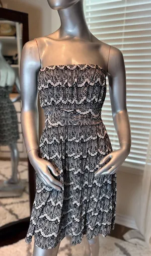 YA Los Angeles Strapless Lace Print Mini Dress Medium Cotton Blend Smocked Zip thumbnail 1