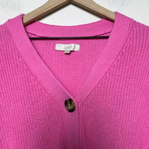 LOFT Women 100% Cotton Cardigan Sweater XL‎ Pink Front Balloon Sleeve Chunky thumbnail 3