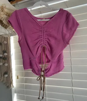 Free People boho Fairycore Pink Ruched cutout Drawstring knit Top Size Medium thumbnail 1