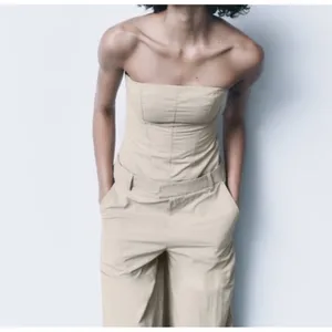 Zara Strapless Off The Shoulder‎ Nylon Jumpsuit, Khaki, Size Xs Bloggers Fav thumbnail 4