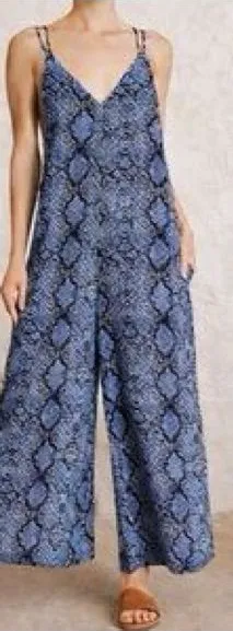 Free People Women’s Snakeskin Open Back Blue Jumpsuit Wide Leg Size S thumbnail 1