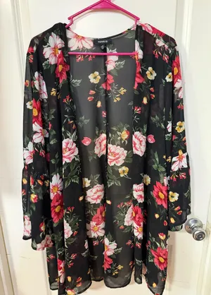 torrid Black Sheer Floral Kimono with Pink & Yellow Blooms thumbnail 1