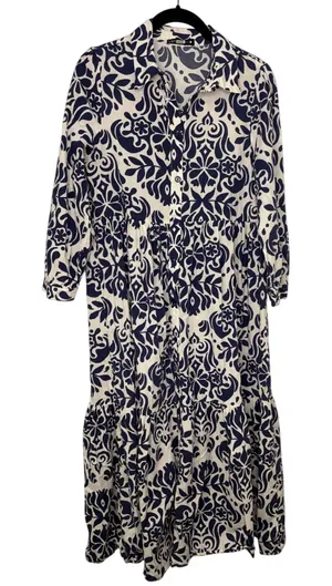 Zara Cotton Shirt Midi Dress Small Blue White Damask Floral Breezy Light thumbnail 1