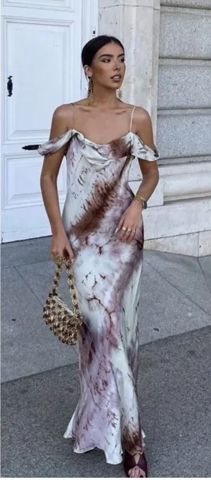 NWT- ZARA Satin Tie-Dye Maxi Slip Dress Off Shoulder Purple Cream Sz XL thumbnail 1