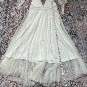 NWT One and Only Collective Tie Shoulder Mesh Tulle Dress Deep V Midi White Gown thumbnail 14