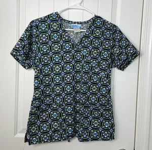 EUC SB Scrubs women’s green navy floral print v-neck‎ tie back pocket scrub top thumbnail 1