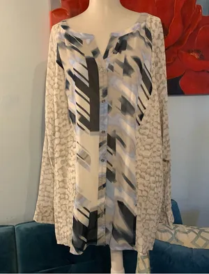 Calvin Klein Long Sleeve Blouse Gray Blue White Print Button Down Size 2X thumbnail 1