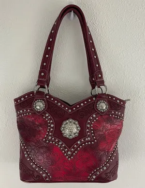 Y2K Red Burgundy Faux Tooled Leather Western Studded Shoulder Bag thumbnail 1