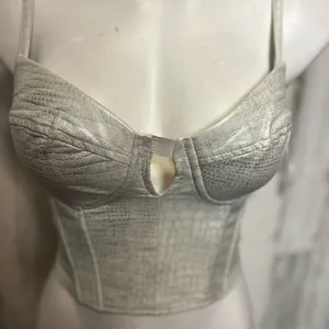 Ivy Rose Silver Faux Croc Corset Top – Bustier Crop Tank, Adjustable Straps, Nig thumbnail 2