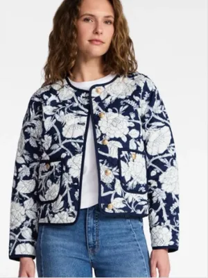 Time and Tru Womens Sz XS 0-2 Quilted Jacket Navy Blue White Floral Gold Buttons thumbnail 1