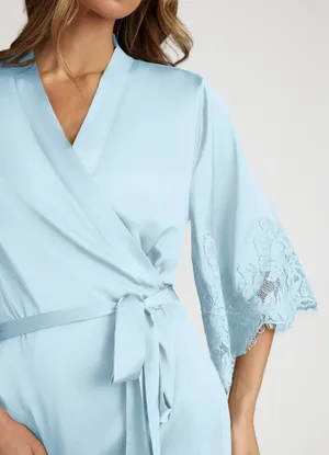 Azazie Light Blue Satin Lace Trim Pajama 3 piece set thumbnail 2