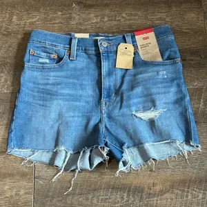Levis High Rise Shorts Hypersoft Blue Denim Distressed Raw Hem Size 8 W29 NWT thumbnail 1