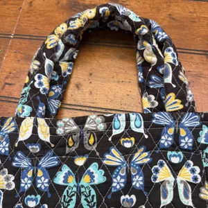 Quilted Butterfly Print Tote Bag Black‎ Blue Yellow Floral Interior Lace Trim thumbnail 3