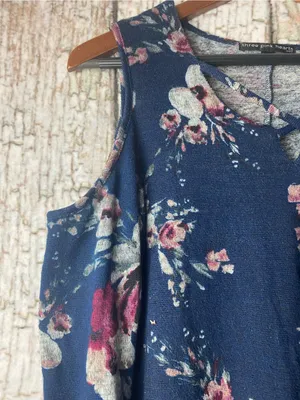 Three Hearts Navy Cold-Shoulder long sleeve Floral boho romantic dress M thumbnail 3
