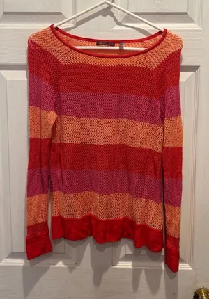 525 America Womens Striped Open Knit Sweater Red Pink Orange Large Rayon‎ Beach thumbnail 1