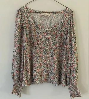 Loft Floral Funky Multi Color Blouse Long Sleeve Top Bell Bottom Sleeves Size S thumbnail 1