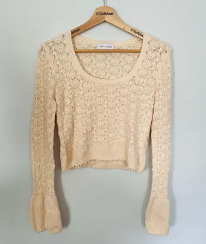 Lost + Wander Serena Pointelle Knit Square Neck Top- Ecru- Size XS/Small- Sample thumbnail 10