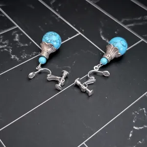 Vintage Clip On Earrings Silver Tone & Turquoise Tone Dangle Ball - Statement thumbnail 3